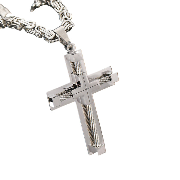 Men's Stainless Steel Layered Cross Pendant Byzantine Chain Necklace Silver