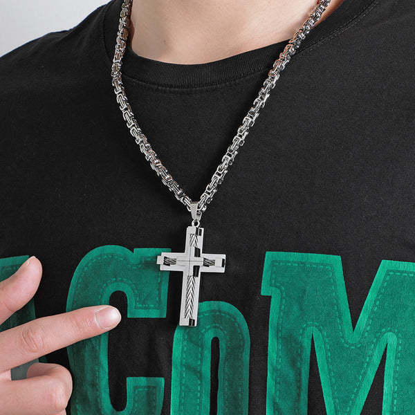 Men's Stainless Steel Layered Cross Pendant Byzantine Chain Necklace Silver