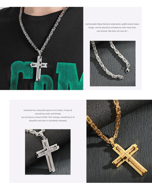 Men's Stainless Steel Layered Cross Pendant Byzantine Chain Necklace Silver
