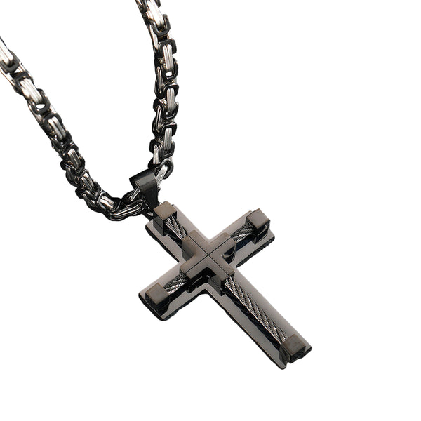 Men's Stainless Steel Layered Cross Pendant Byzantine Chain Necklace Black