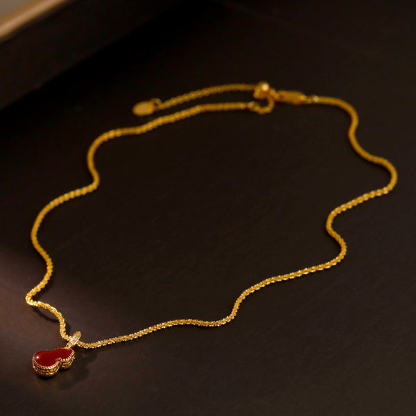 Gourd Calabash Pendant Necklace Textured Adjustable Chain Red