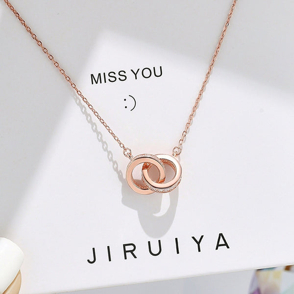 Love Unity Interlocking Rings Pendant Necklace CZ Copper Base Rose Gold Plate