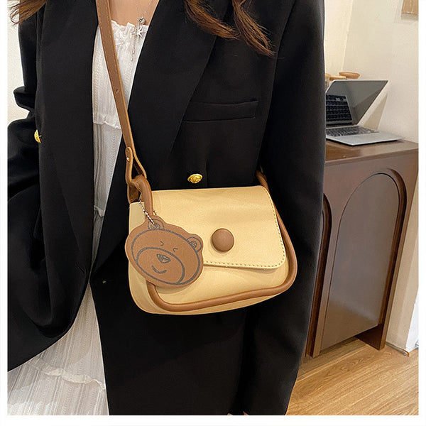 Faux PU Leather Crossbody Shoulder Bag Adjustable Strap Bear Charm Khaki