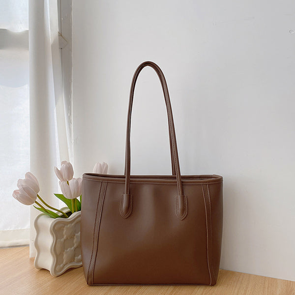 Faux PU Leather Tote Shoulder Bag Pom Pom Charm Brown