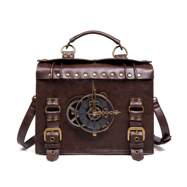 Faux PU Leather Crossbody Shoulder Bag Steampunk Clock Buckles Brown