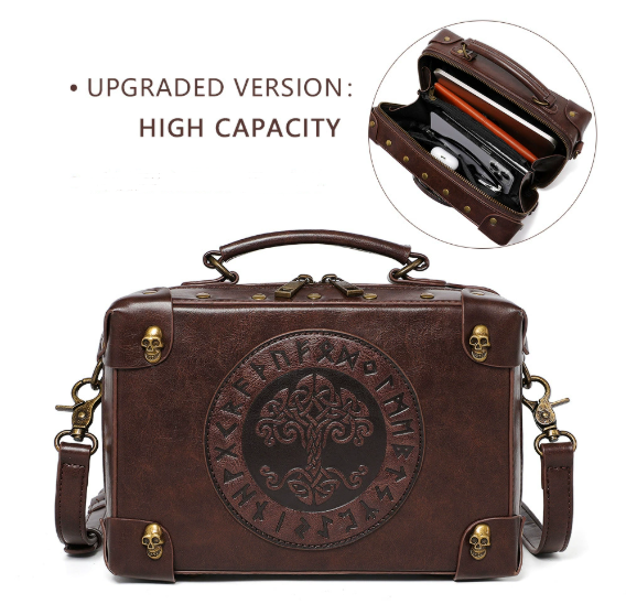 Faux PU Leather Crossbody Shoulder Bag Steampunk Clock Buckles Brown