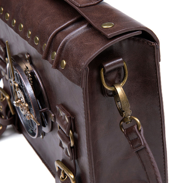 Faux PU Leather Crossbody Shoulder Bag Steampunk Clock Buckles Brown
