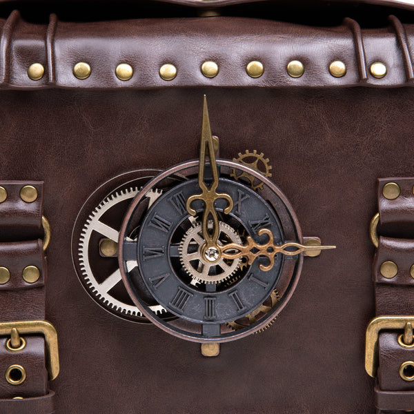 Faux PU Leather Crossbody Shoulder Bag Steampunk Clock Buckles Brown