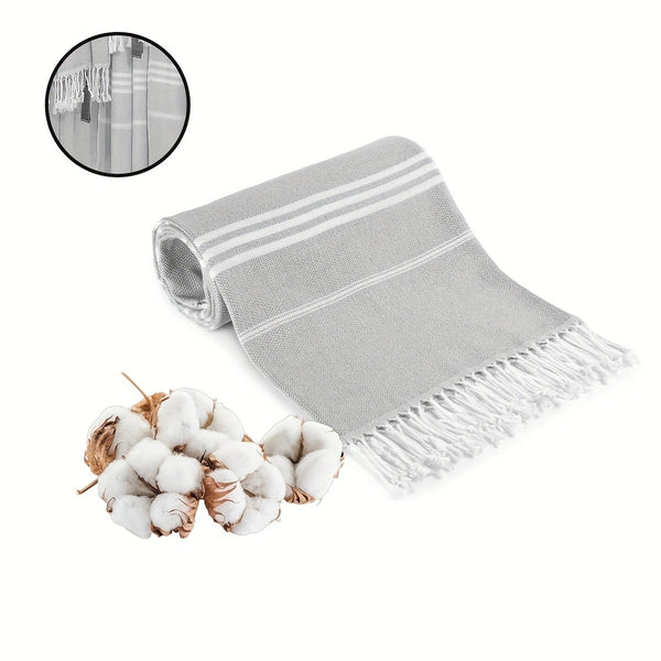 Cotton Striped Beach Towel Tassels Extra Large Absorbent 180 x 90cm Grey