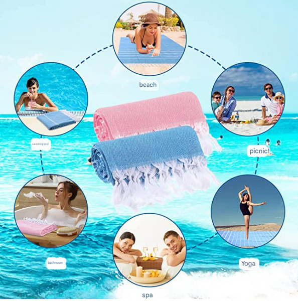 Cotton Striped Beach Towel Tassels Extra Large Absorbent 180 x 90cm Blue