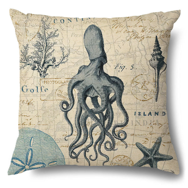 Vintage Retro Style Marine Creature Sealife Turtle Starfish Octopus Cushion Cover Square 45cm