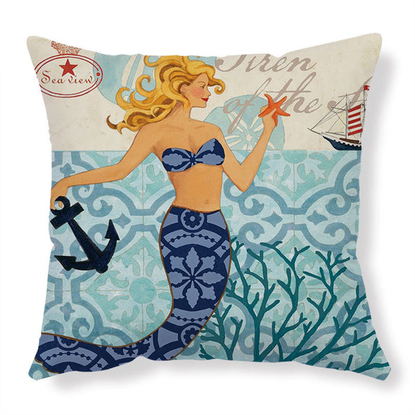 Marine Sea Animal Mermaid Theme Vintage Style Printed Cushion Covers Square 45cm