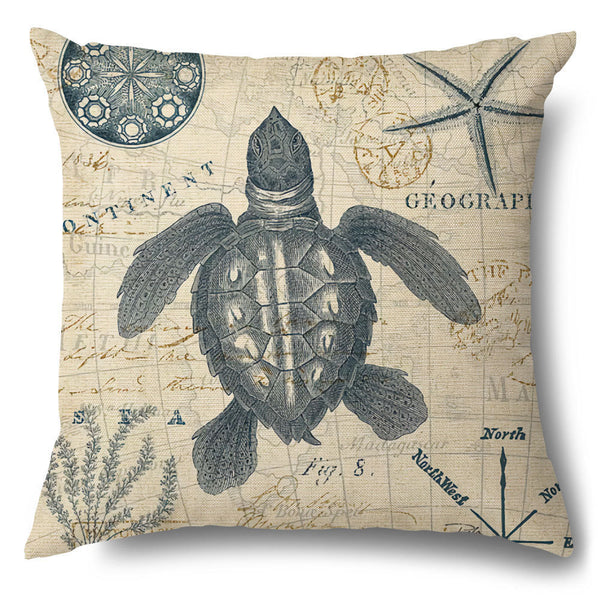 Vintage Retro Style Marine Creature Sealife Turtle Starfish Octopus Cushion Cover Square 45cm