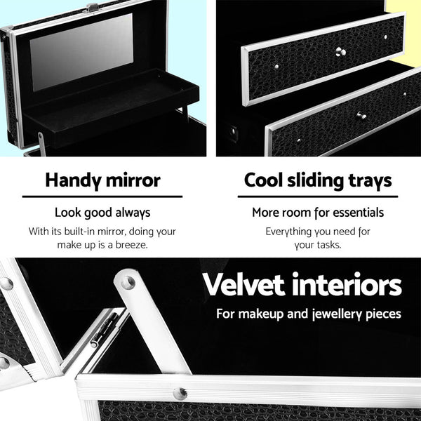 Portable Cosmetic Beauty Makeup Carry Case Mirror Crocodile Black