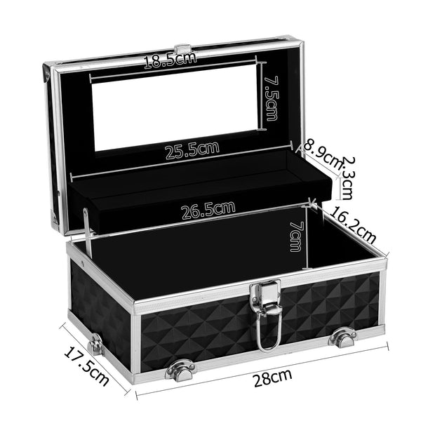 Portable Cosmetic Beauty Makeup Carry Case 2 Trays Mirror Black