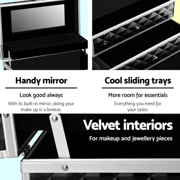 Portable Cosmetic Beauty Makeup Carry Case 2 Trays Mirror Black