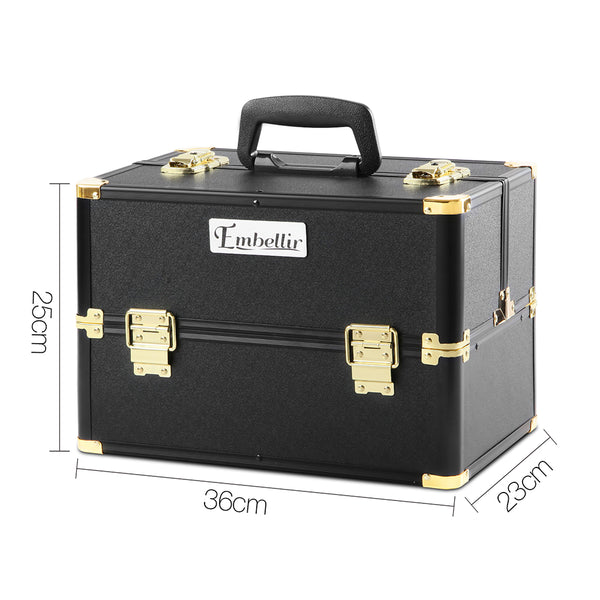 Portable Cosmetic Beauty Makeup Carry Case Box 4 Trays Black Gold