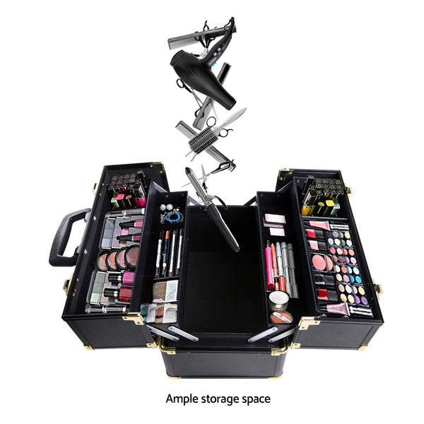 Portable Cosmetic Beauty Makeup Carry Case Box 4 Trays Black Gold