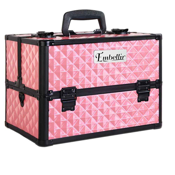 Portable Cosmetic Beauty Makeup Carry Case Box 4 Trays Pink