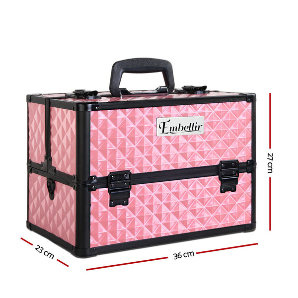 Portable Cosmetic Beauty Makeup Carry Case Box 4 Trays Pink