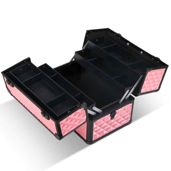 Portable Cosmetic Beauty Makeup Carry Case Box 4 Trays Pink
