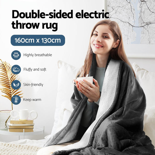Giselle Electric Throw Rug Heated Blanket Washable Fleece Timer Grey