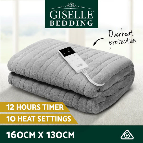 Giselle Bedding Heated Electric Throw Rug Fleece Snuggle Blanket Silver