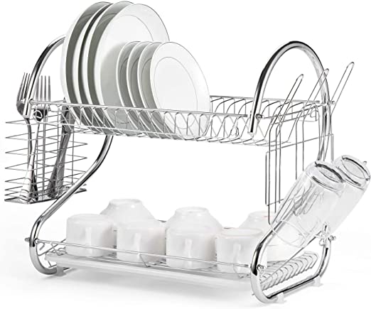 Carla Home 2-Tier Dish Rack with Draining Board Plated Chrome