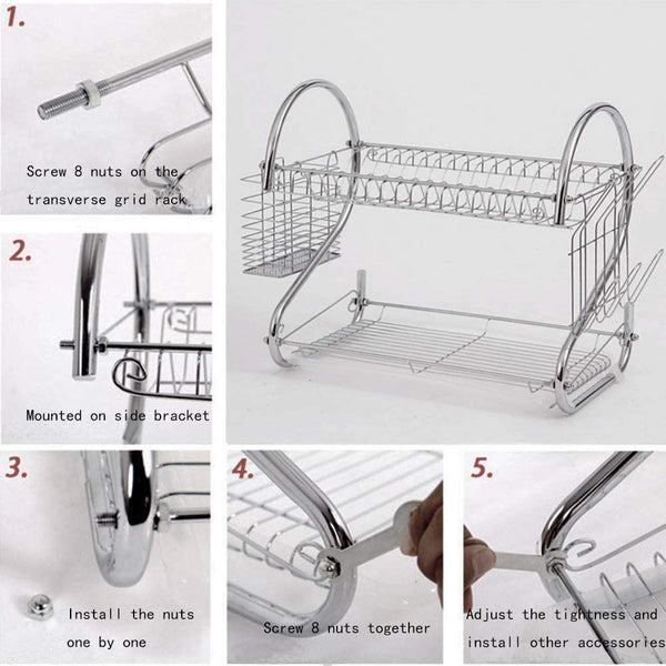 Carla Home 2-Tier Dish Rack with Draining Board Plated Chrome