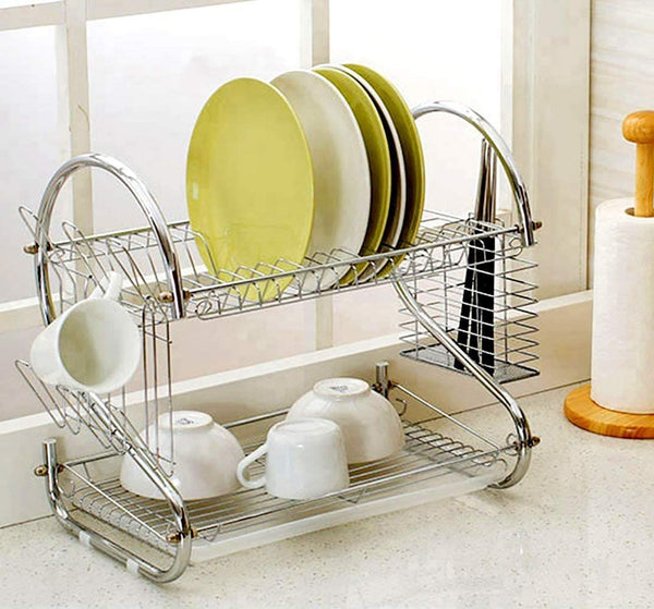 Carla Home 2-Tier Dish Rack with Draining Board Plated Chrome