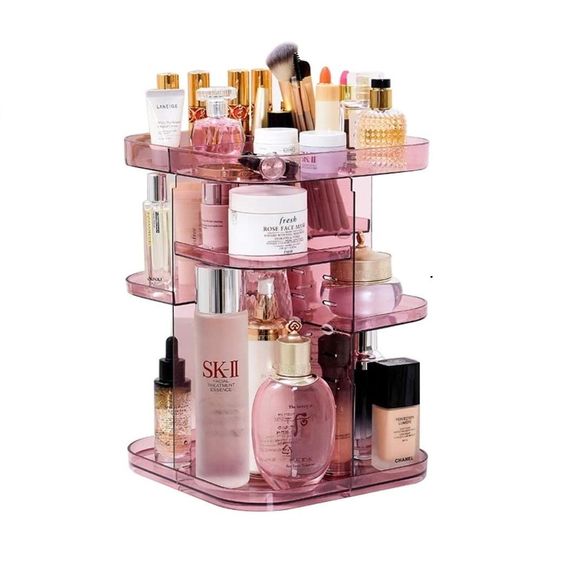 Rotating Adjustable Makeup Organiser Stand Display Holder Storage Pink