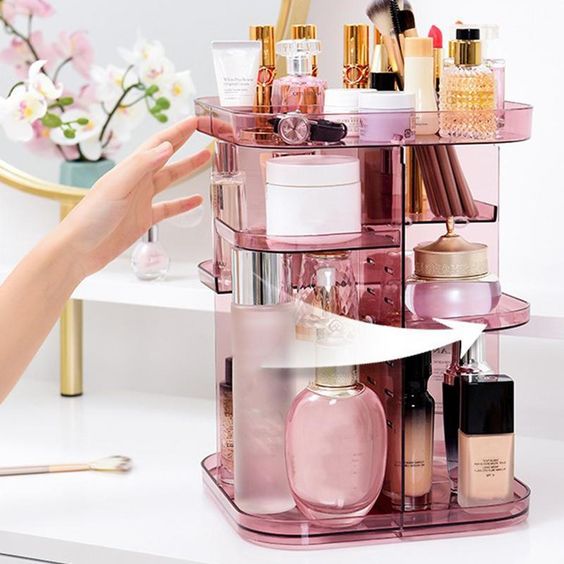 Rotating Adjustable Makeup Organiser Stand Display Holder Storage Pink