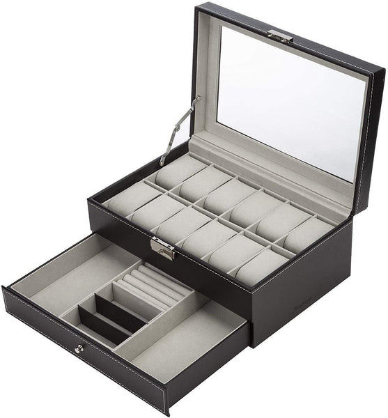 Watch Jewellery Storage Box Display Organiser Case 2 Tier 1 Drawer Black