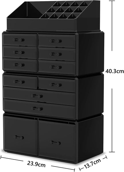 4 Pce Makeup Cosmetic Organiser Storage 12 Drawers Display Boxes Black