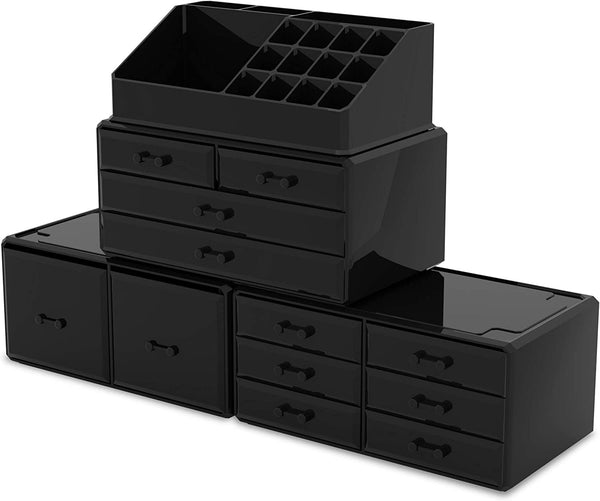 4 Pce Makeup Cosmetic Organiser Storage 12 Drawers Display Boxes Black