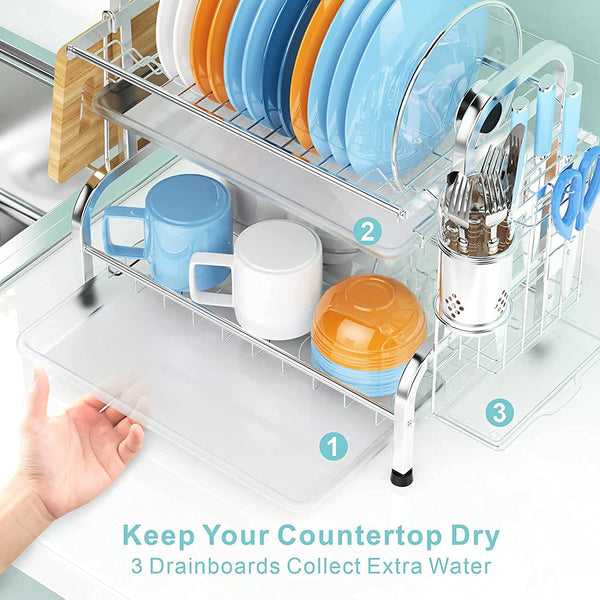 Stainless 2 Tier Dish Drying Rack Utensil Holder Cutting Board Holder Silver