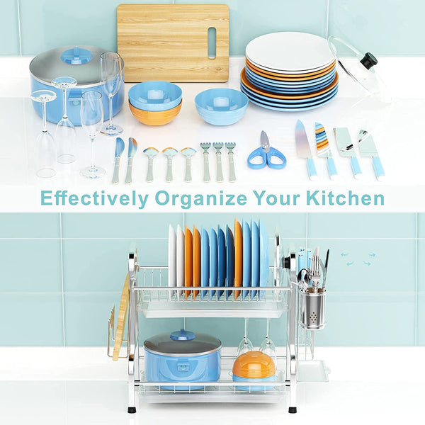 Stainless 2 Tier Dish Drying Rack Utensil Holder Cutting Board Holder Silver