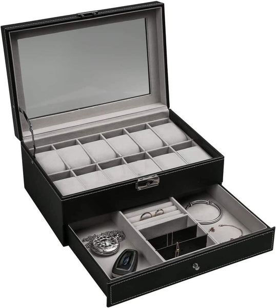 12 Slot PU Leather Lockable Watch Jewellery Storage Box Case Black