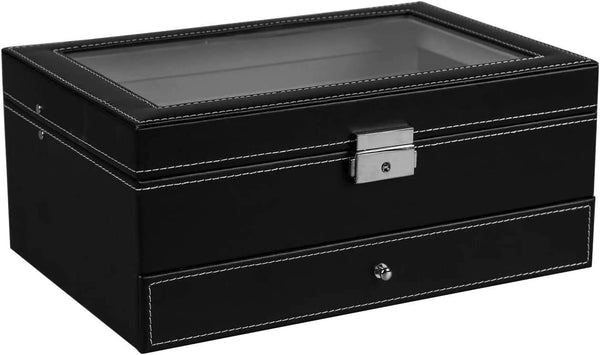 12 Slot PU Leather Lockable Watch Jewellery Storage Box Case Black