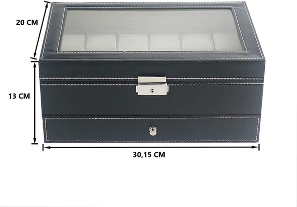 12 Slot PU Leather Lockable Watch Jewellery Storage Box Case Black