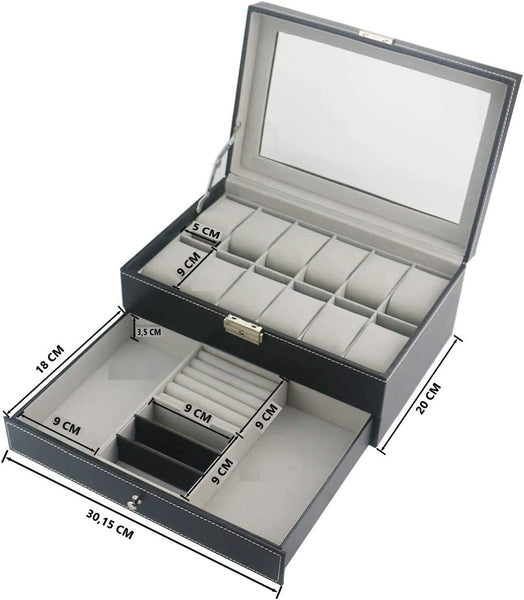 12 Slot PU Leather Lockable Watch Jewellery Storage Box Case Black