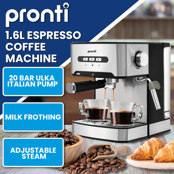 Pronti 1.6L Stainless Automatic Coffee Espresso Machine Steam Frother 1.6L 20 Bar