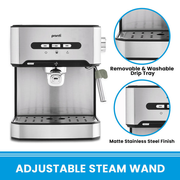 Pronti 1.6L Stainless Automatic Coffee Espresso Machine Steam Frother 1.6L 20 Bar