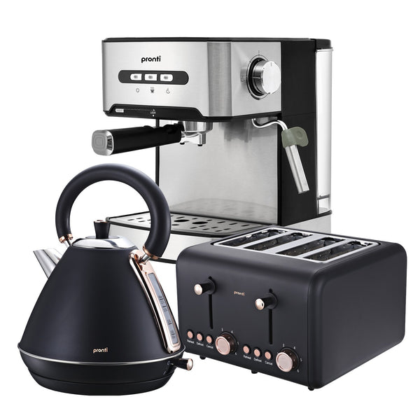 Pronti Toaster Kettle Coffee Espresso Maker Machine Breakfast Set Bundle Black