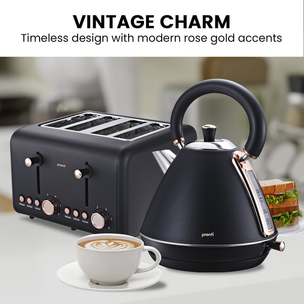 Pronti Toaster Kettle Coffee Espresso Maker Machine Breakfast Set Bundle Black