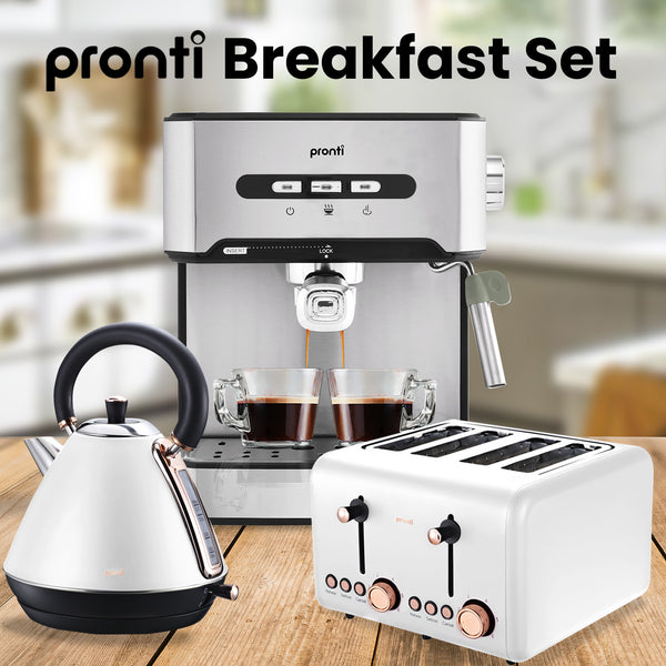 Pronti Toaster Kettle Coffee Machine Breakfast Set Bundle White