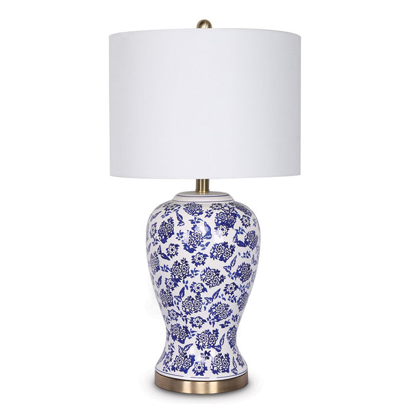 Sarantino Bedside Side Table Lamp Ceramic Floral Base Drum Shade Blue White