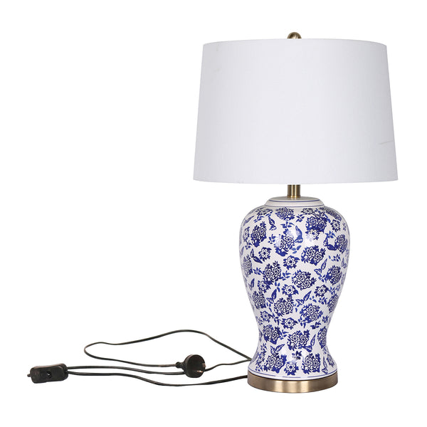 Sarantino Bedside Side Table Lamp Ceramic Floral Base Drum Shade Blue White