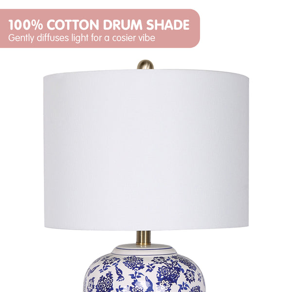 Sarantino Bedside Side Table Lamp Ceramic Floral Base Drum Shade Blue White