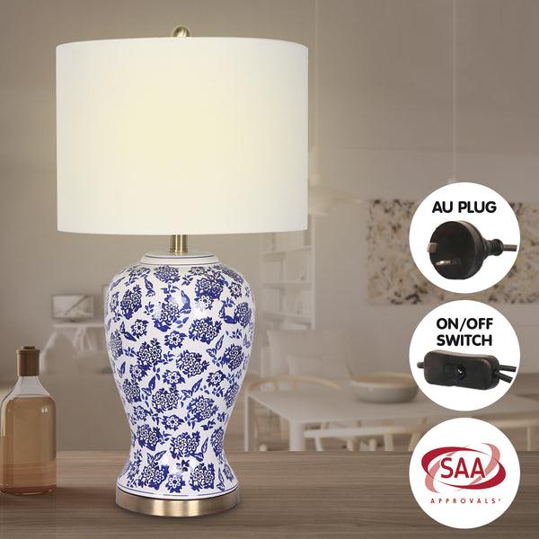 Sarantino Bedside Side Table Lamp Ceramic Floral Base Drum Shade Blue White